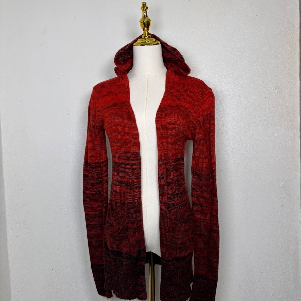 vintage 90s new yorks yoki y2k red black knit sweater hooded open cardigan goth